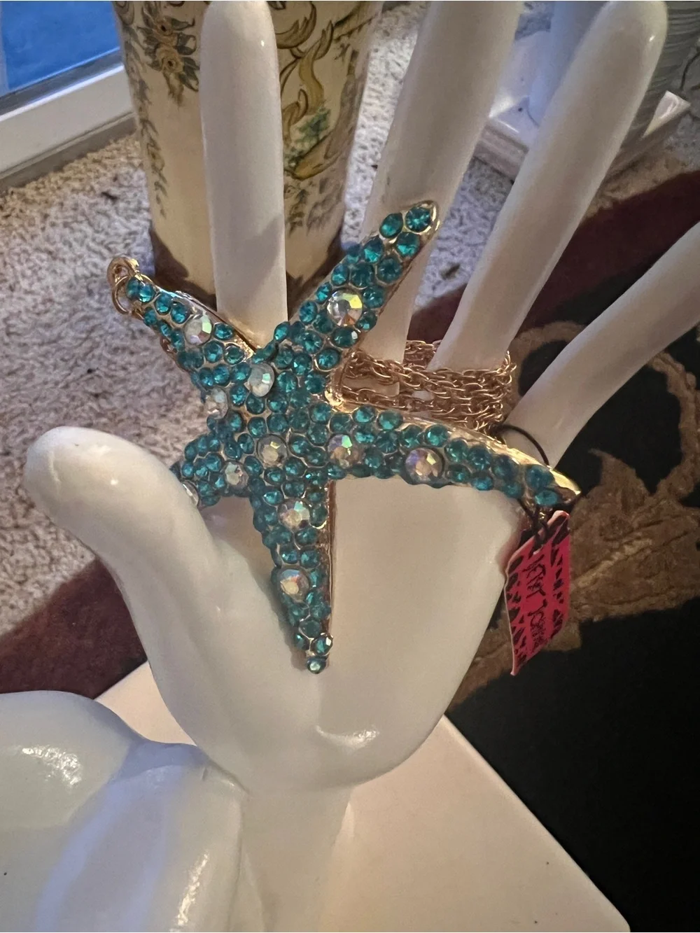 Betsey Johnson Large Dancing Turquoise Iridescent Starfish with Gold Tone Chain